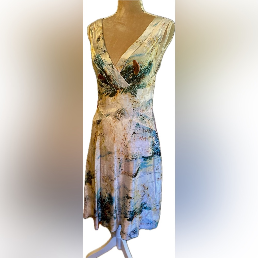 Diane Von Furstenberg Ivory Dress with Teal and Brown Abstract Print Silk